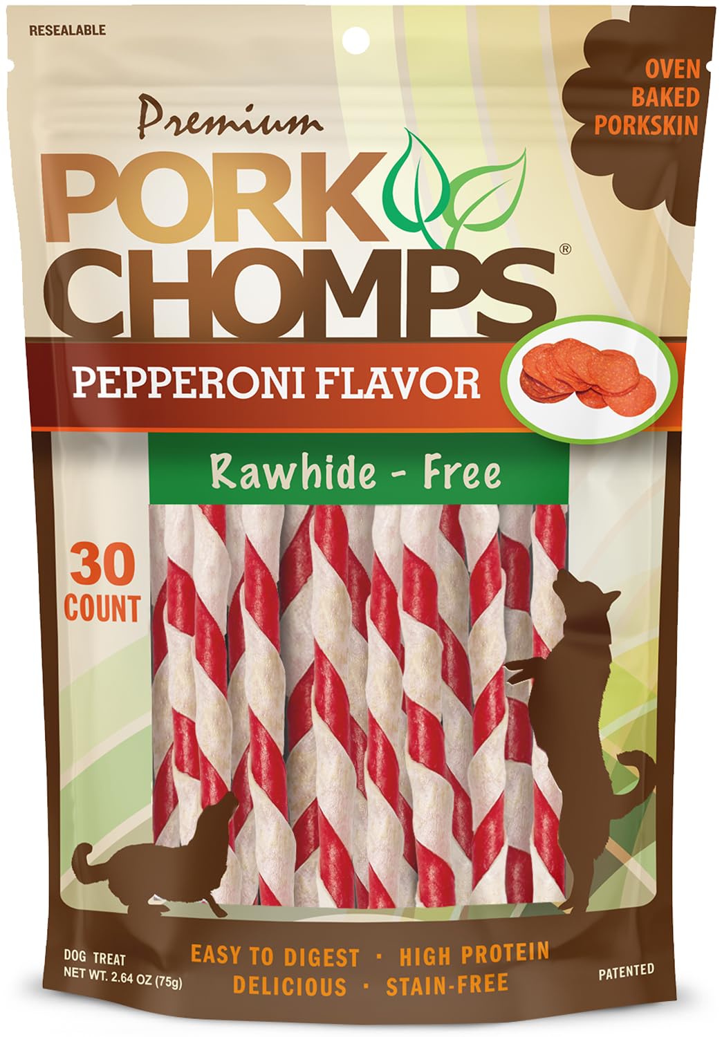 Pork Chomps torsades 5 pouces saveur pepperoni, récompense durable pour chien.
