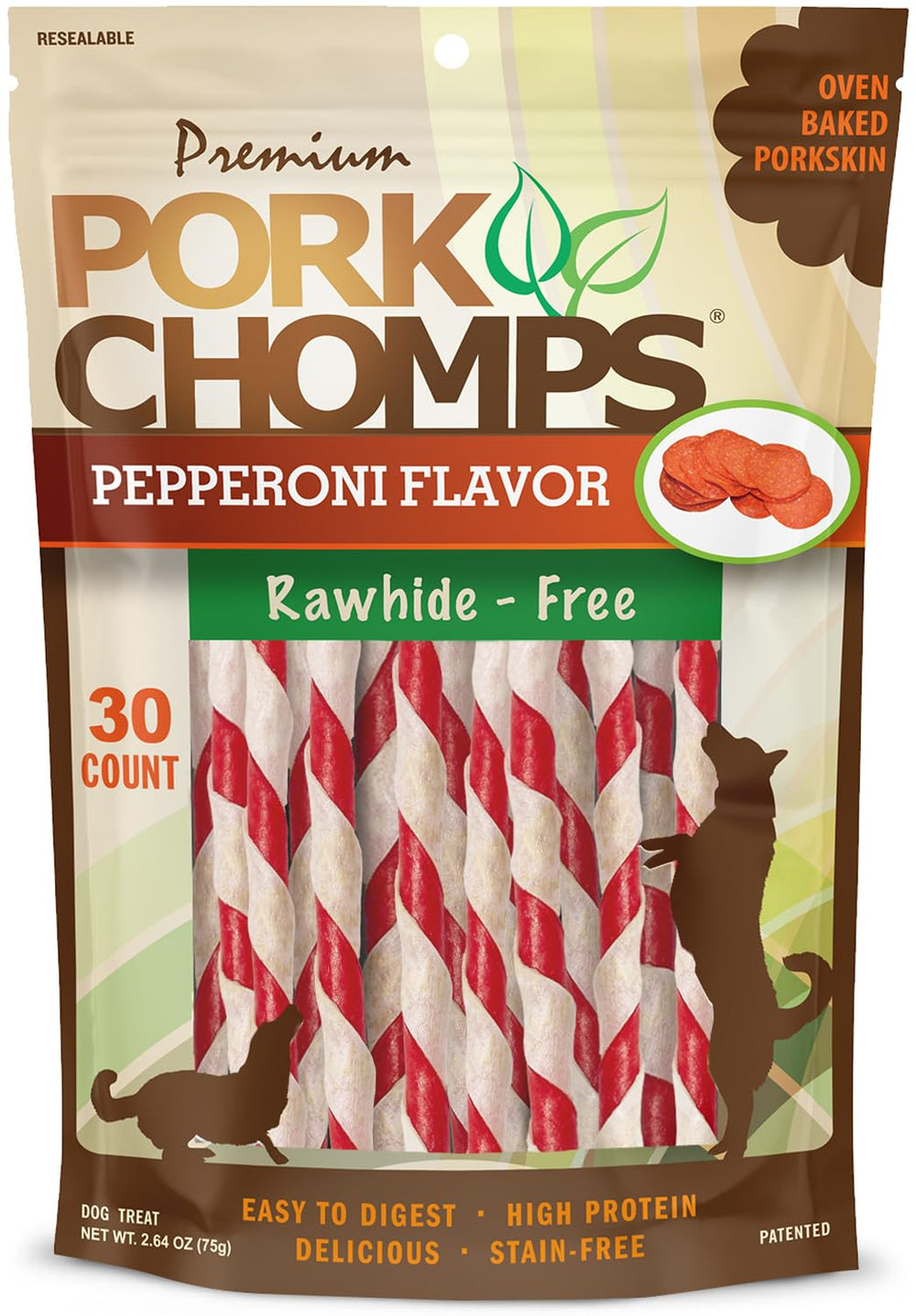 Pork Chomps torsades 5 pouces saveur pepperoni, récompense durable pour chien.