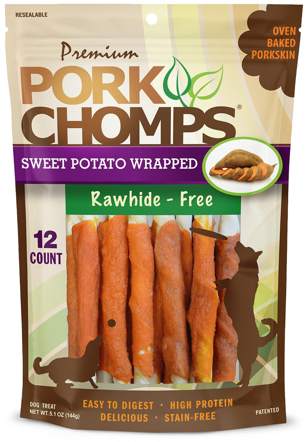 Pork Chomps : torsades mini 5 pouces avec patate douce, friandise durable pour chiens.
