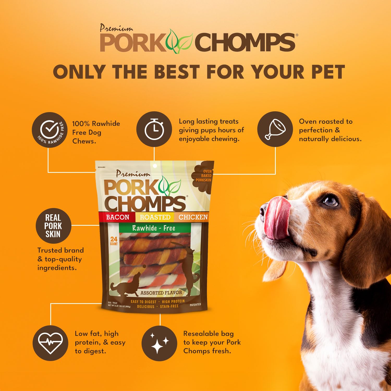 Pork Chomps torsades porc saveur poulet, croquant naturel et plaisir sain.