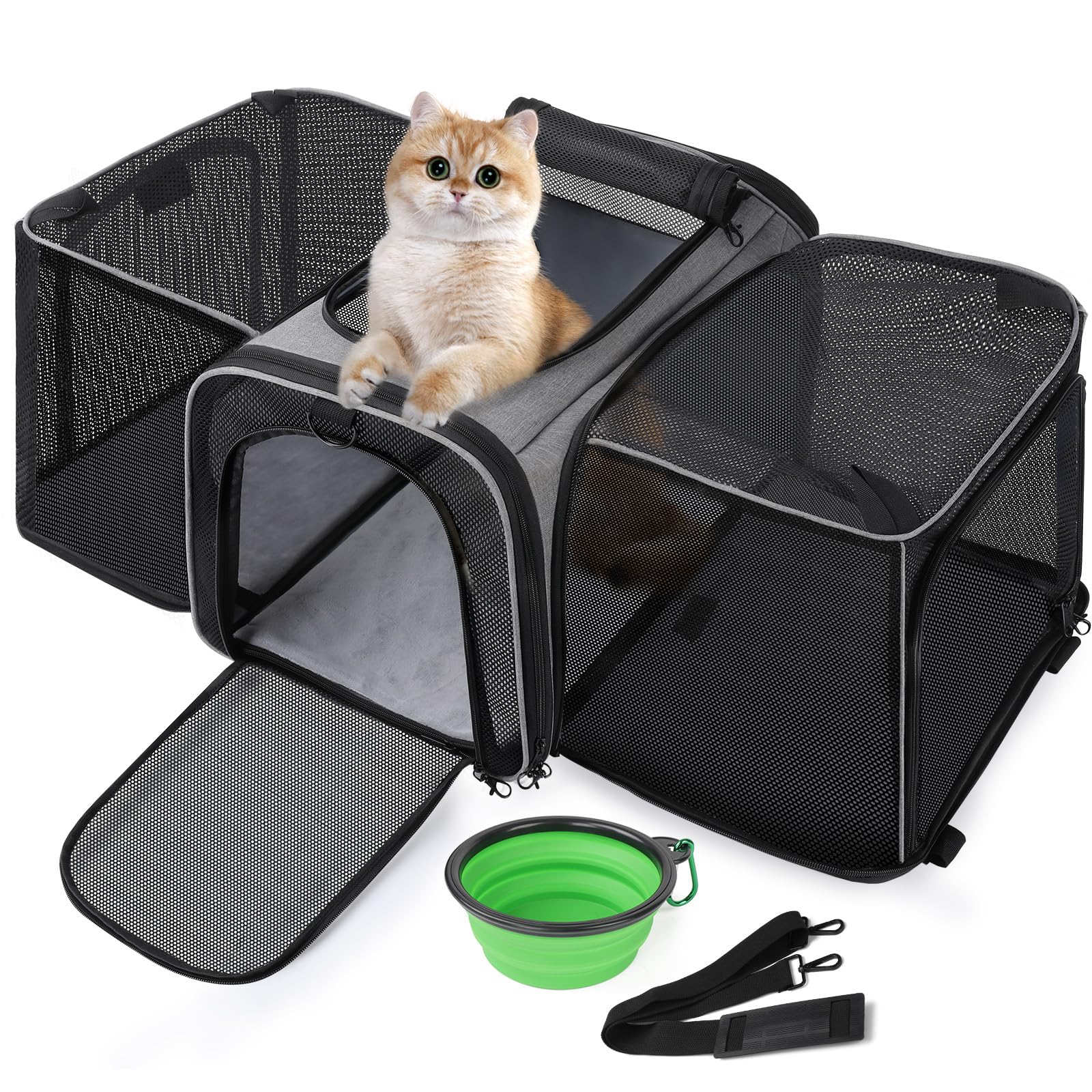 Pecute porte-chat extensible ouvert offrant espace supplémentaire pour votre animal.