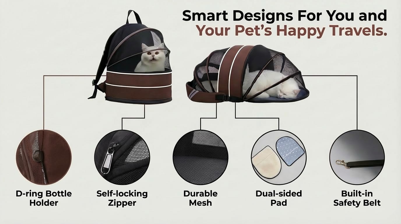 Porte-sac à dos pour chien, poignées et anneaux extérieurs pour accessoires.