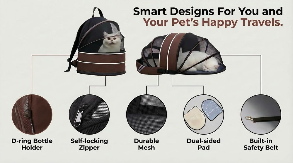 Porte-sac à dos pour chien, poignées et anneaux extérieurs pour accessoires.