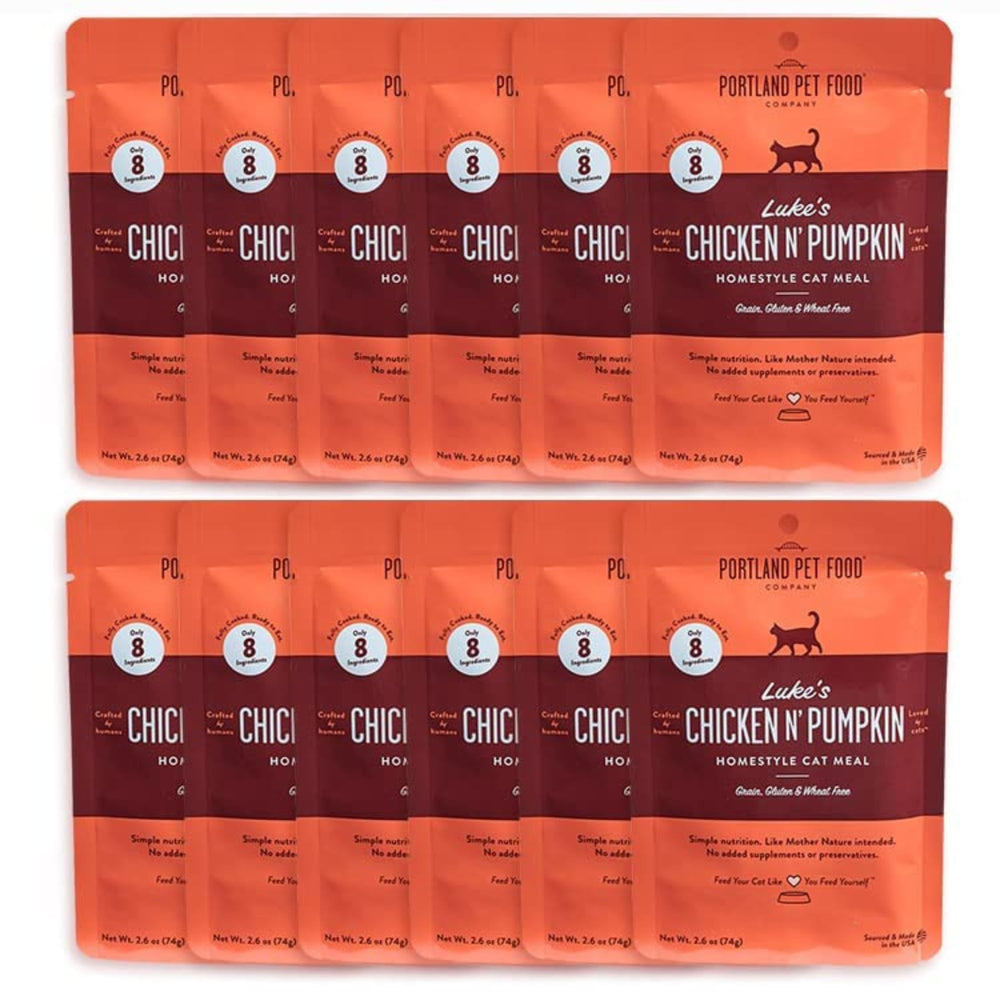 Poche chat Lukes Chicken Citrouille – texture humide et appétente (Portland Pet Food).