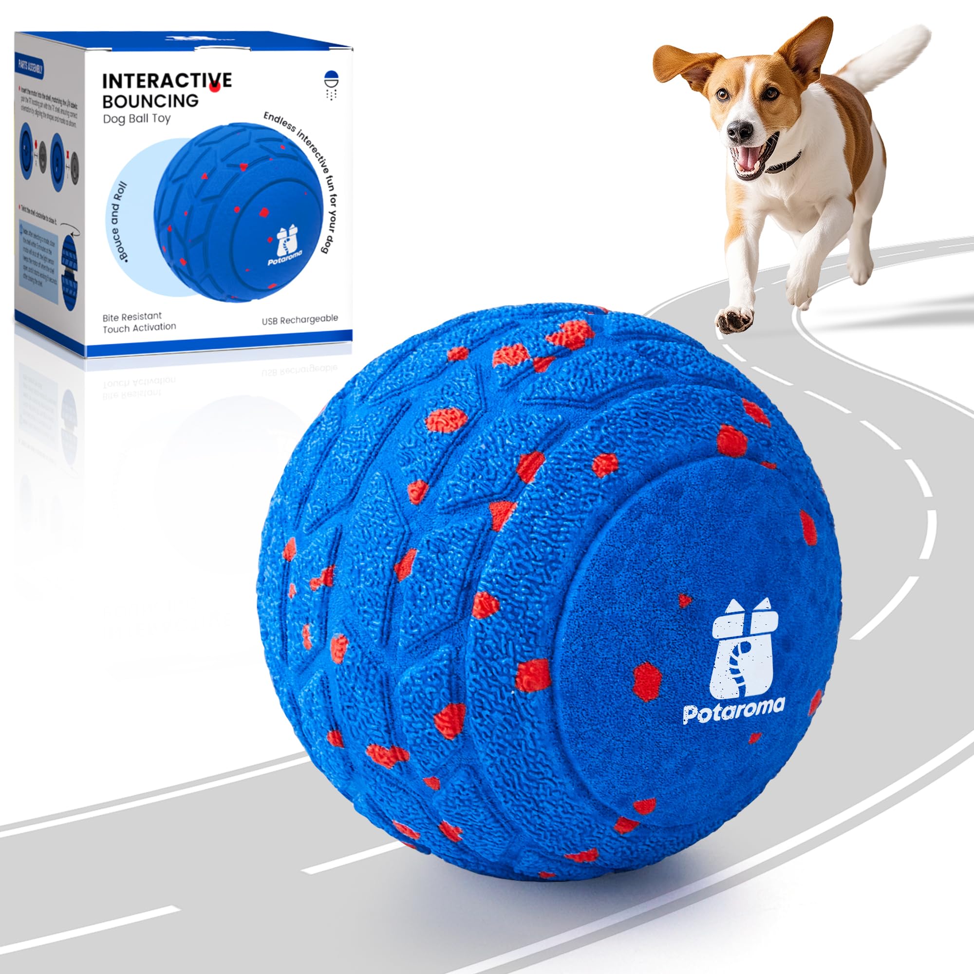Balle interactive Potaroma en mouvement pour chien, stimulant le jeu et la curiosité.