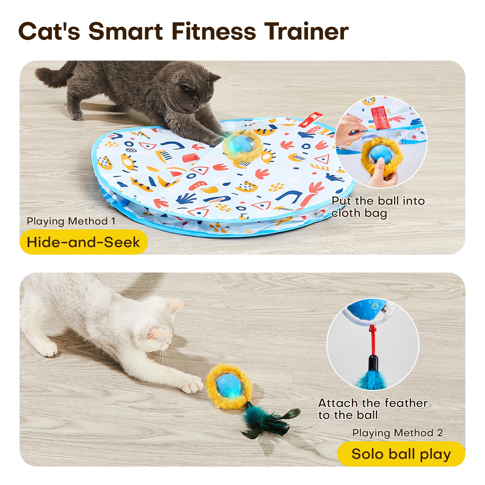 Potaroma chat cachant balle dans poche en tissu pour jeu secret et exploration