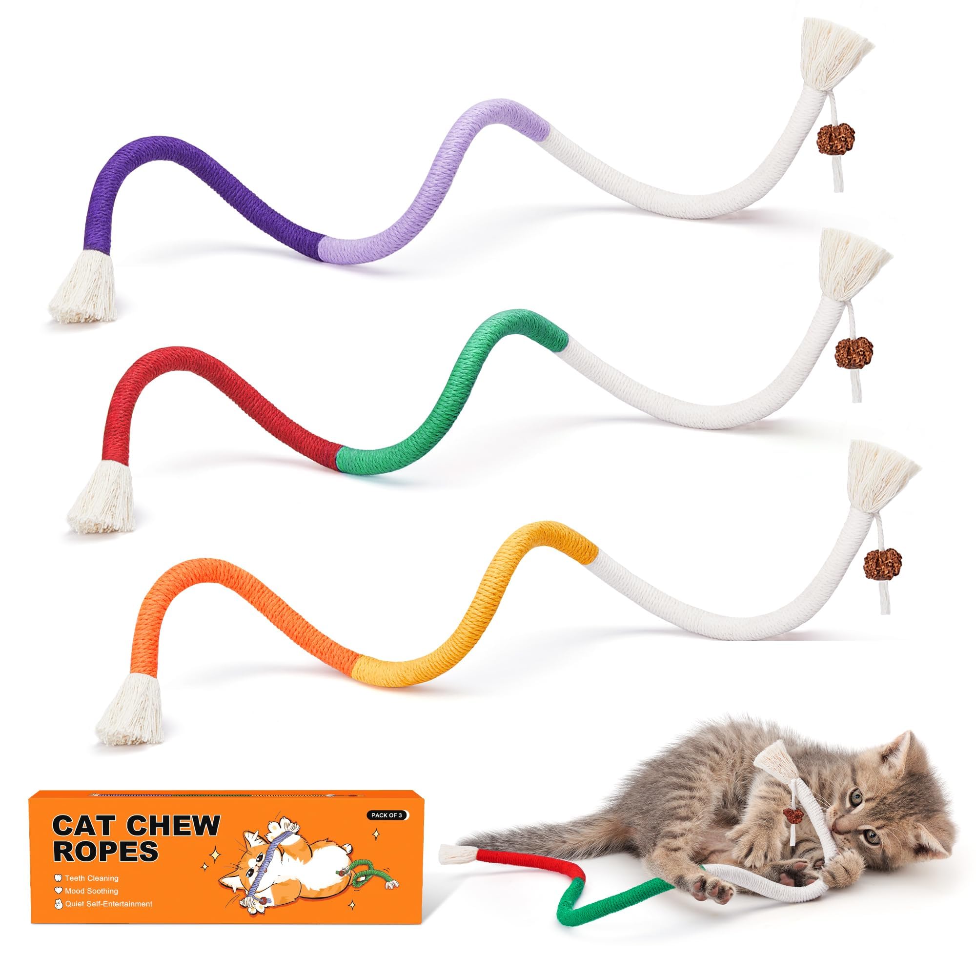 Potaroma jouets mordeurs chat corde 3 pièces pour dentition et jeu actif.