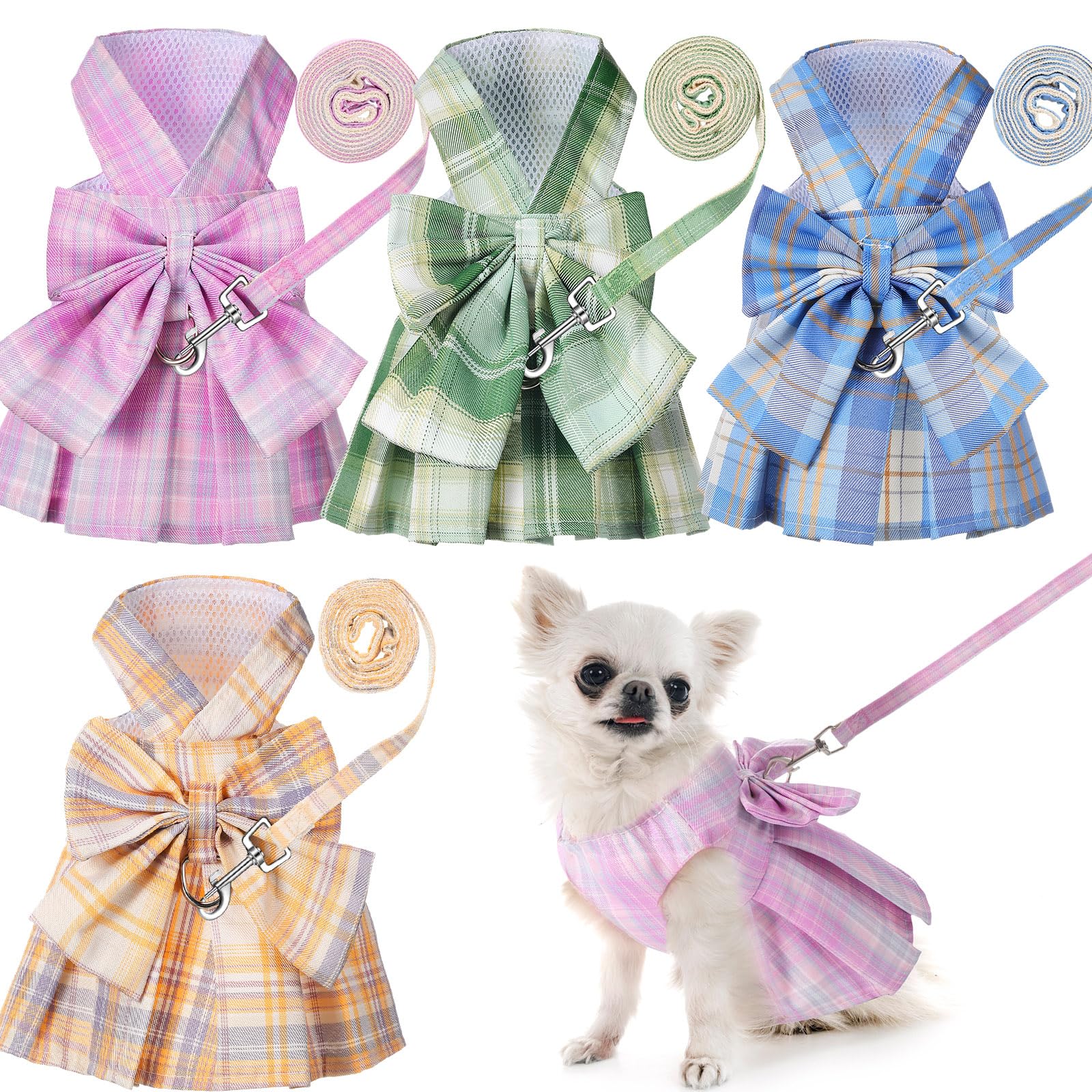 Potchen plaid-dress harnais bleu ciel, tenue mignonne pour petites races en balade.