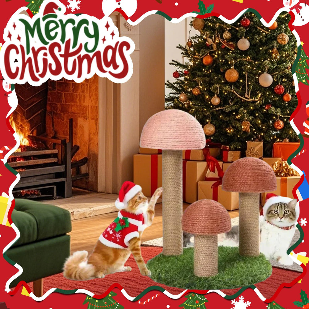 PowerKing poste griffes chat champignon: trois poteaux en forme de champignon.