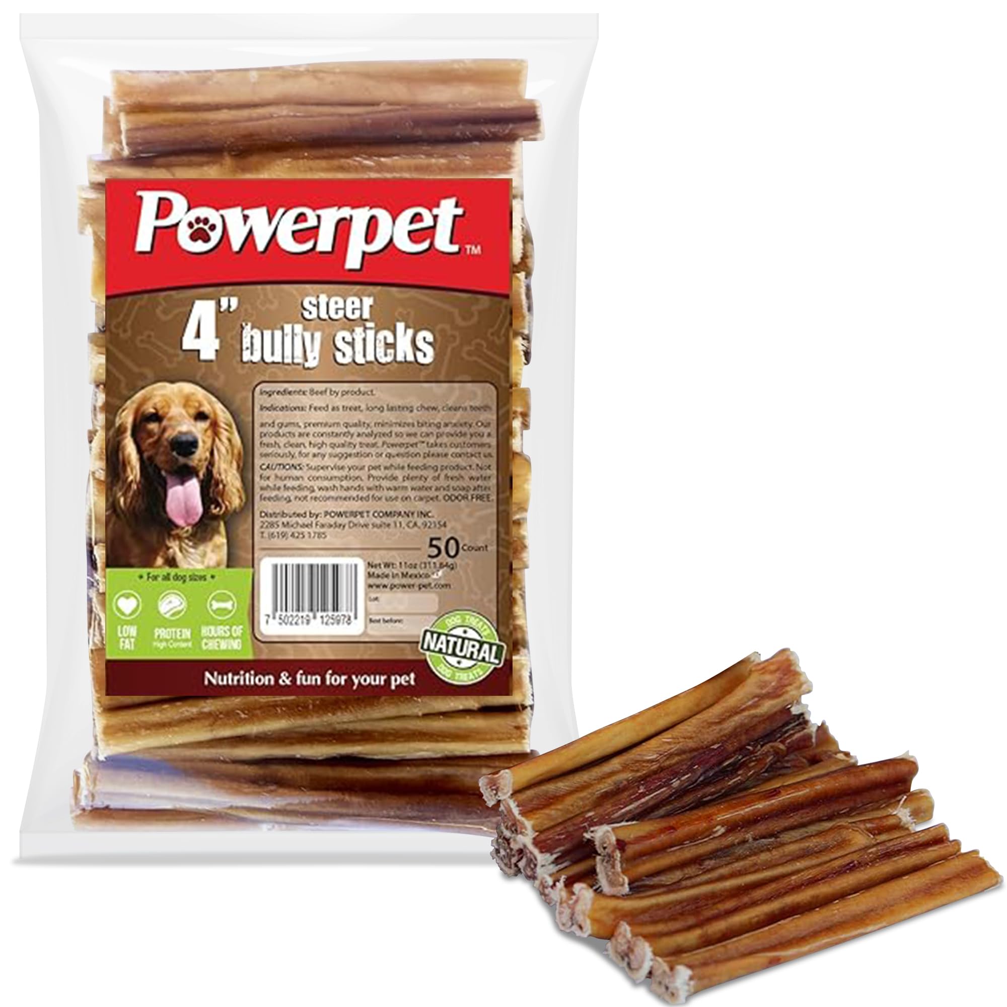 Powerpet bâton boeuf naturel sans odeur 4 pouces; hygiène dentaire en jeu pour tous les chiens.