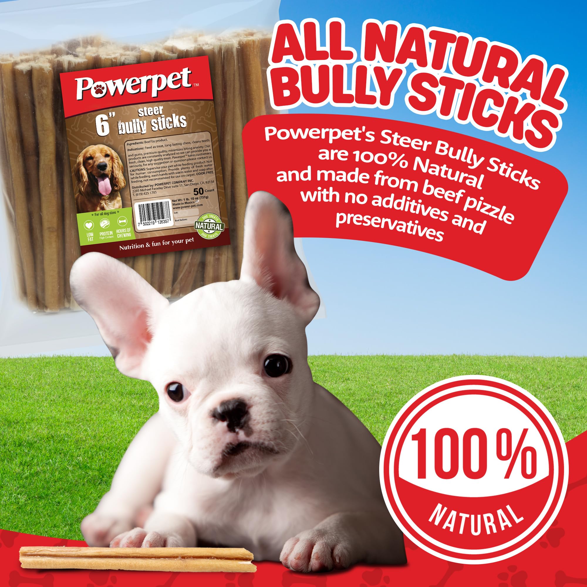 Powerpet Bully Stick protéines élevées, option nutritive pour tous les chiens.