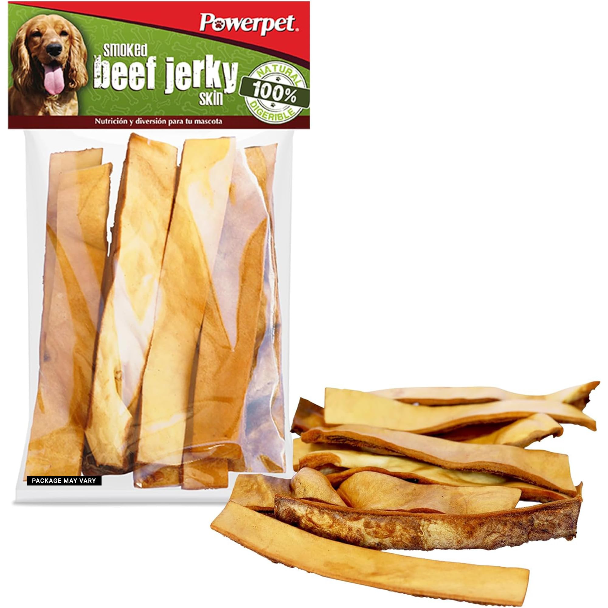 Powerpet sachet de peaux de bœuf séchées fumées, friandise naturelle pour chien.