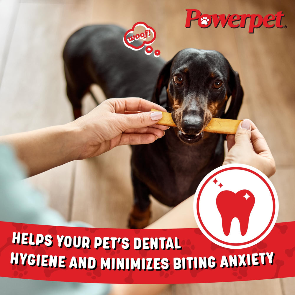 Powerpet friandises de bœuf, soutien potentiel pour l'hygiène bucco-dentaire lors du mâchage.