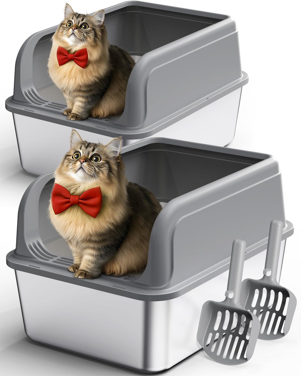 Powools bac a litiere inox 2-pack avec couvercle, espace propre et hygiénique pour votre chat