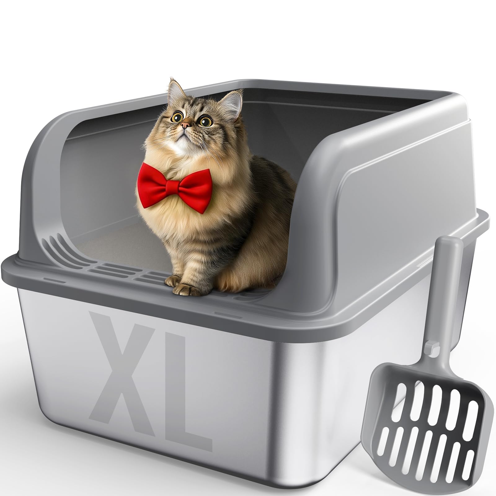 Powools bac litière acier inoxydable haut pour chats, nettoyage facile.
