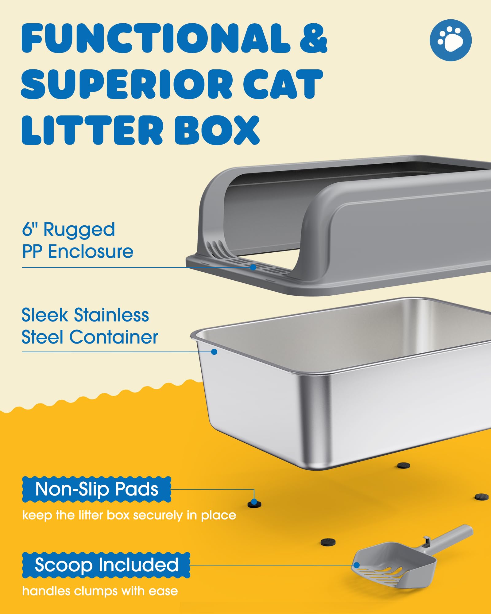 Powools bac-litiere inox, pieds anti-dérapants garantissant stabilité sur sols lisses