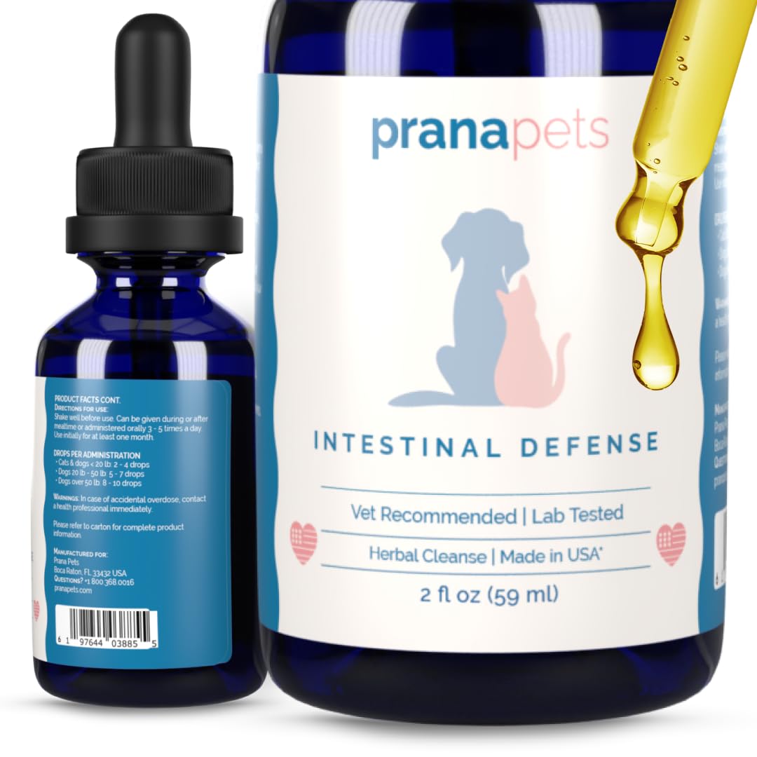 PranaPets Défense Intestinale flacon gouttes, soutien digestif naturel pour chiens et chats.