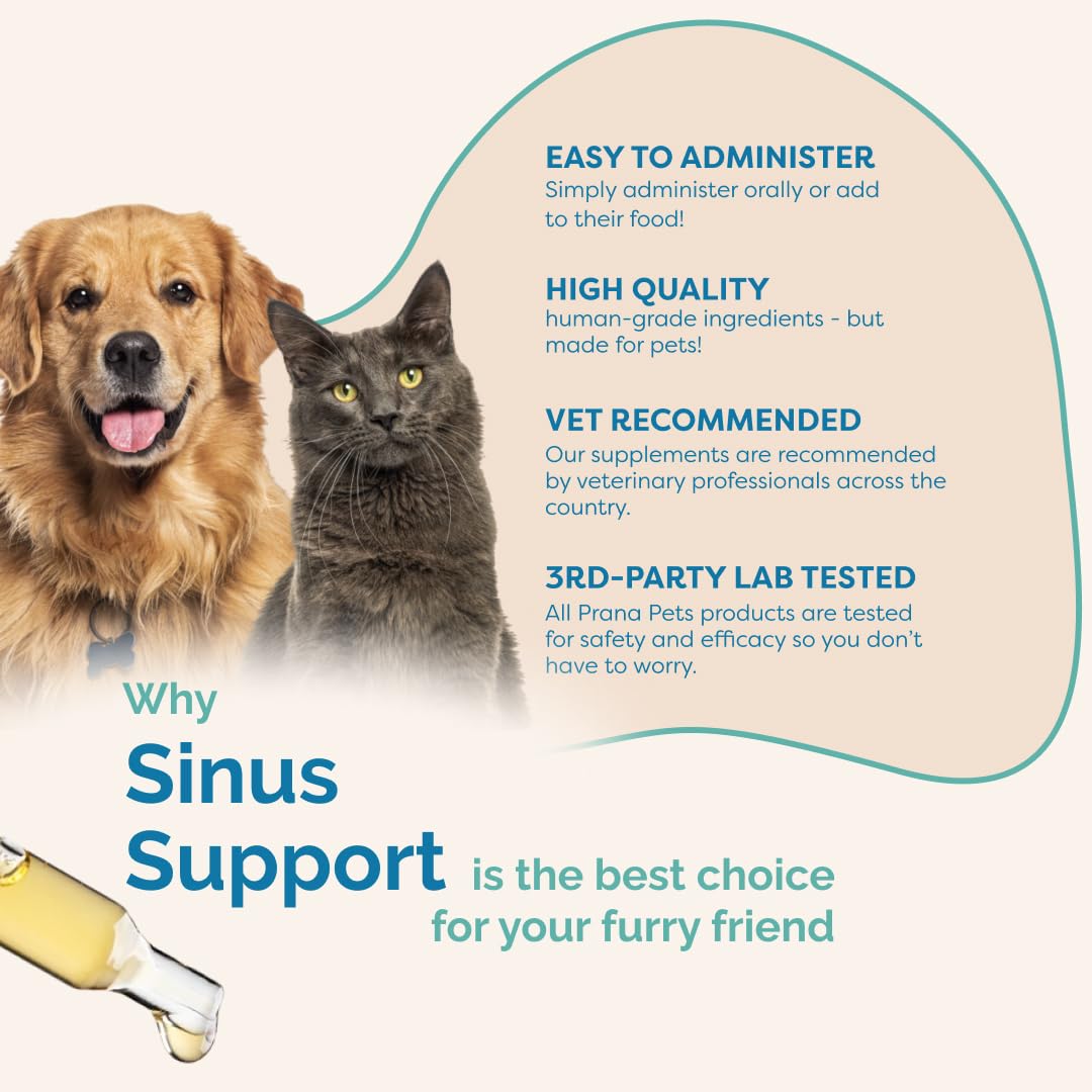 PranaPets Sinus Support – usage-animaux: idéal pour chiens et chats avec inconfort saisonnier.