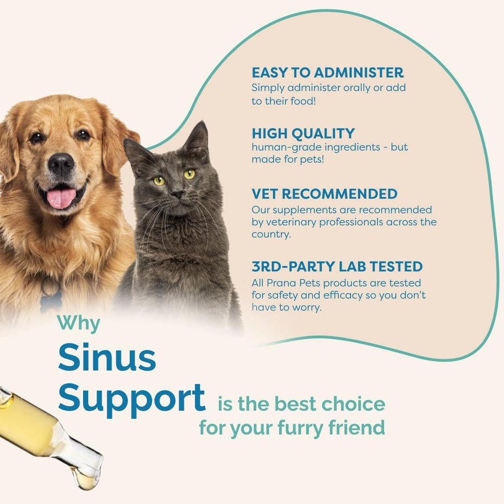 PranaPets Sinus Support – usage-animaux: idéal pour chiens et chats avec inconfort saisonnier.