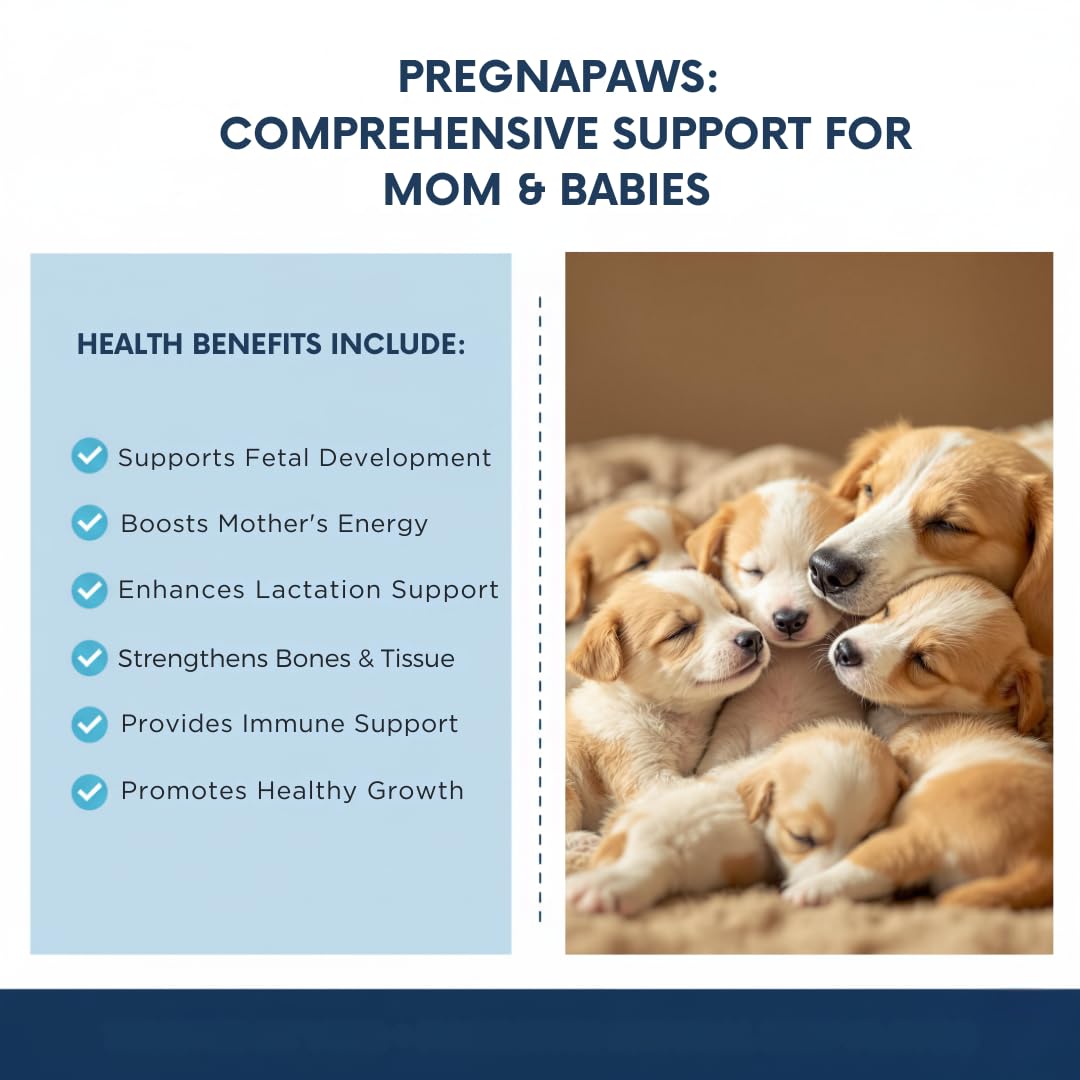 Étiquette Pregnapaws sur le flacon, informations claires pour la reproduction.