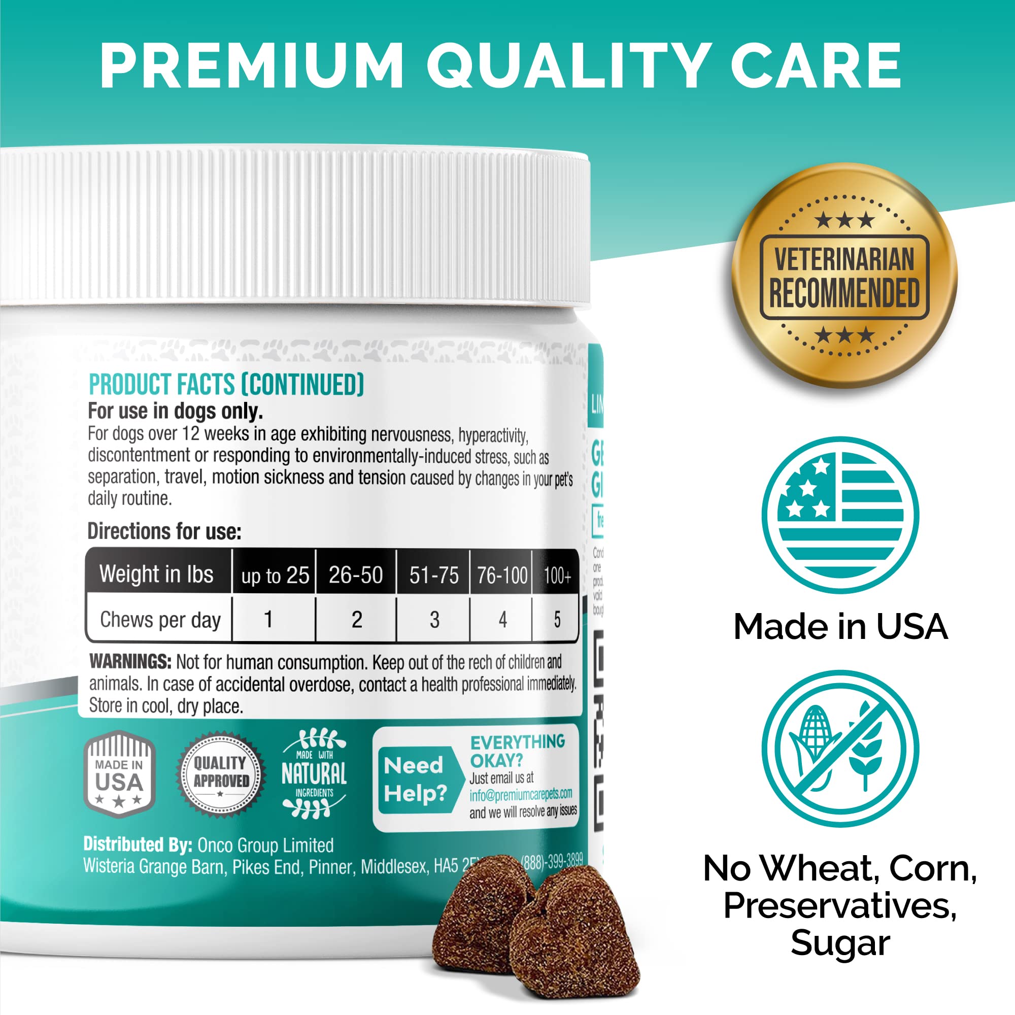 Premium Care Calming Chews – informations claires sur l’étiquette et le contrôle de qualité.
