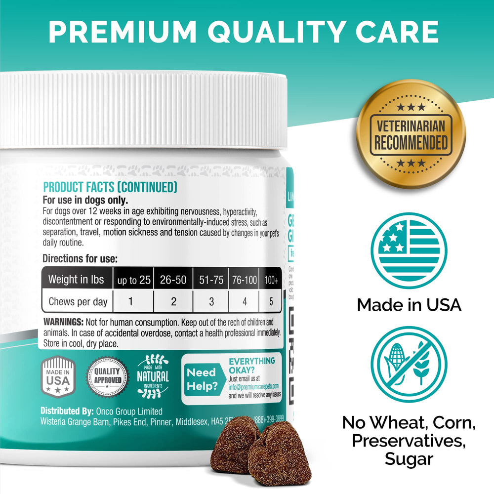 Premium Care Calming Chews – informations claires sur l’étiquette et le contrôle de qualité.