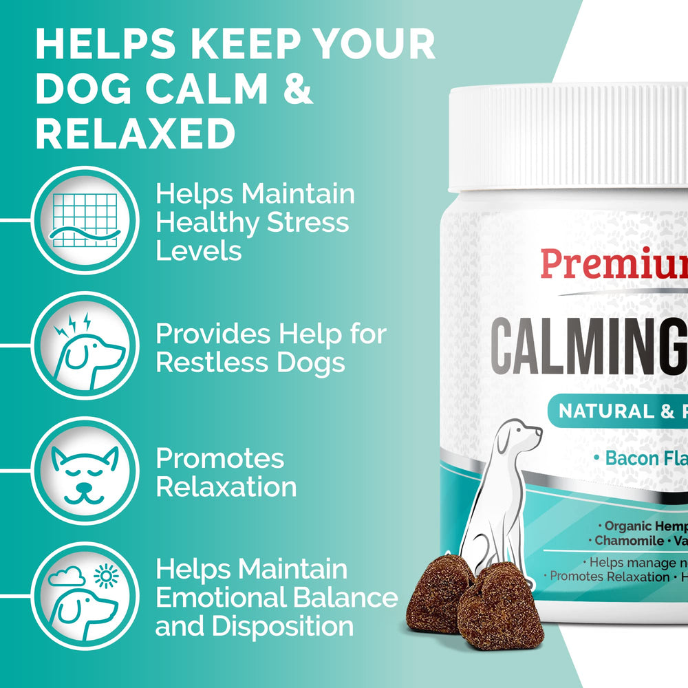 Premium Care Calming Chews – ingrédients naturels visibles, incluant fleur de passion et valériane, pour relaxation.