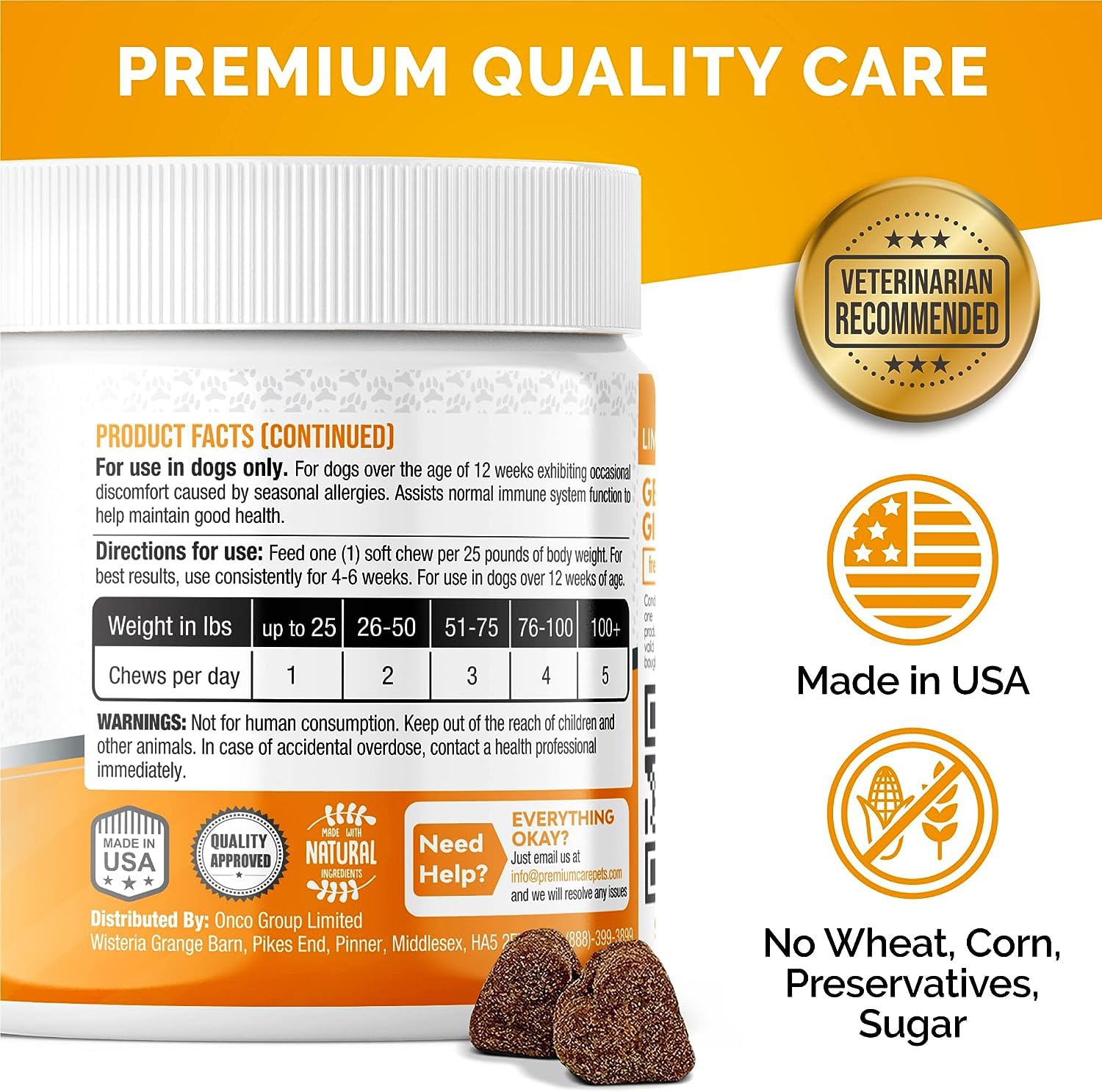 Premium Care fabriqué aux Etats-Unis chien: fabrication sûre et conforme GMP.