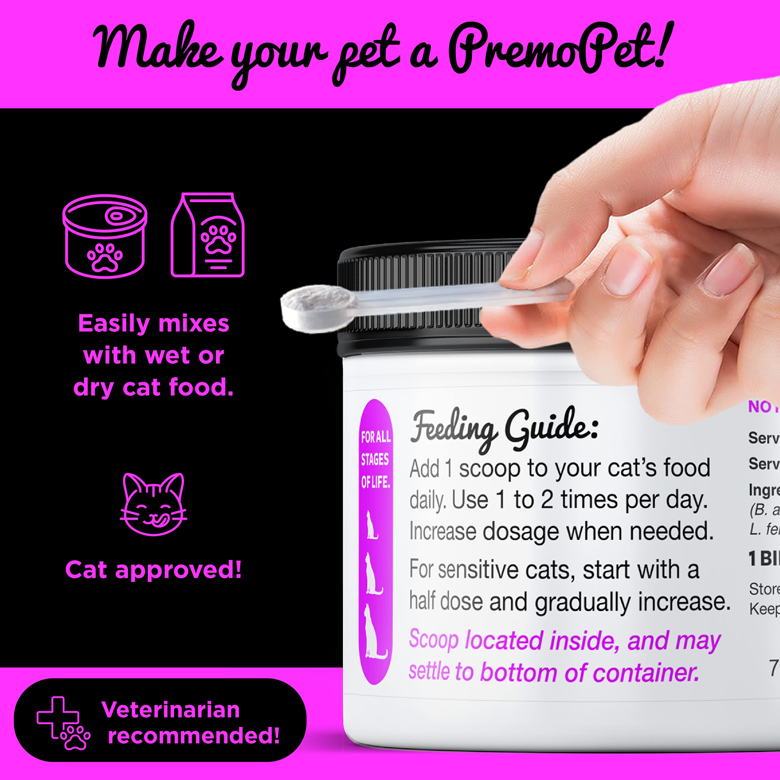 Premo Probiotic chat – utilisation quotidienne : chat plus équilibré et confort digestif.