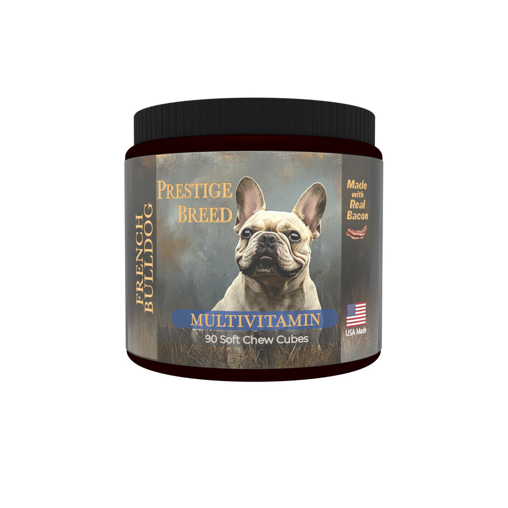 Prestige Breed Multivitamines sur l'étiquette de la bouteille, soutien bien-être quotidien.