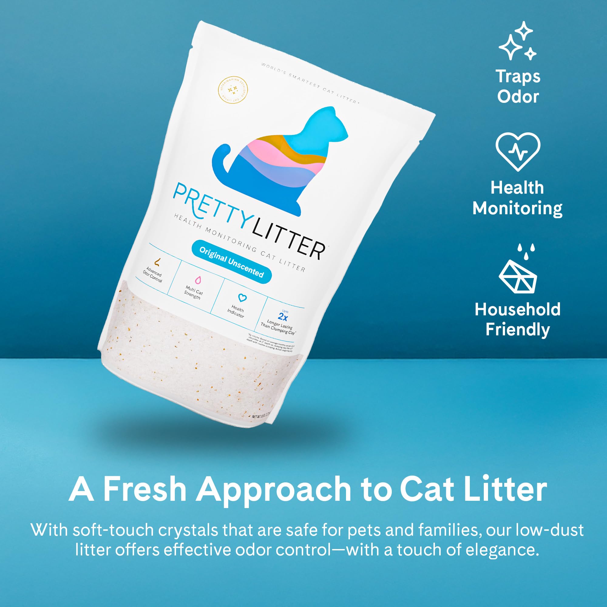 PrettyLitter contrôle les odeurs grâce à des cristaux absorbants avancés