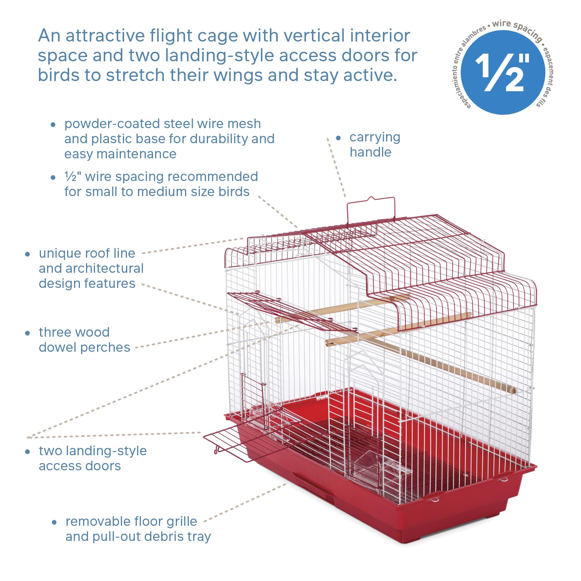Conçue pour perruches et cockatiels, espace adapté.