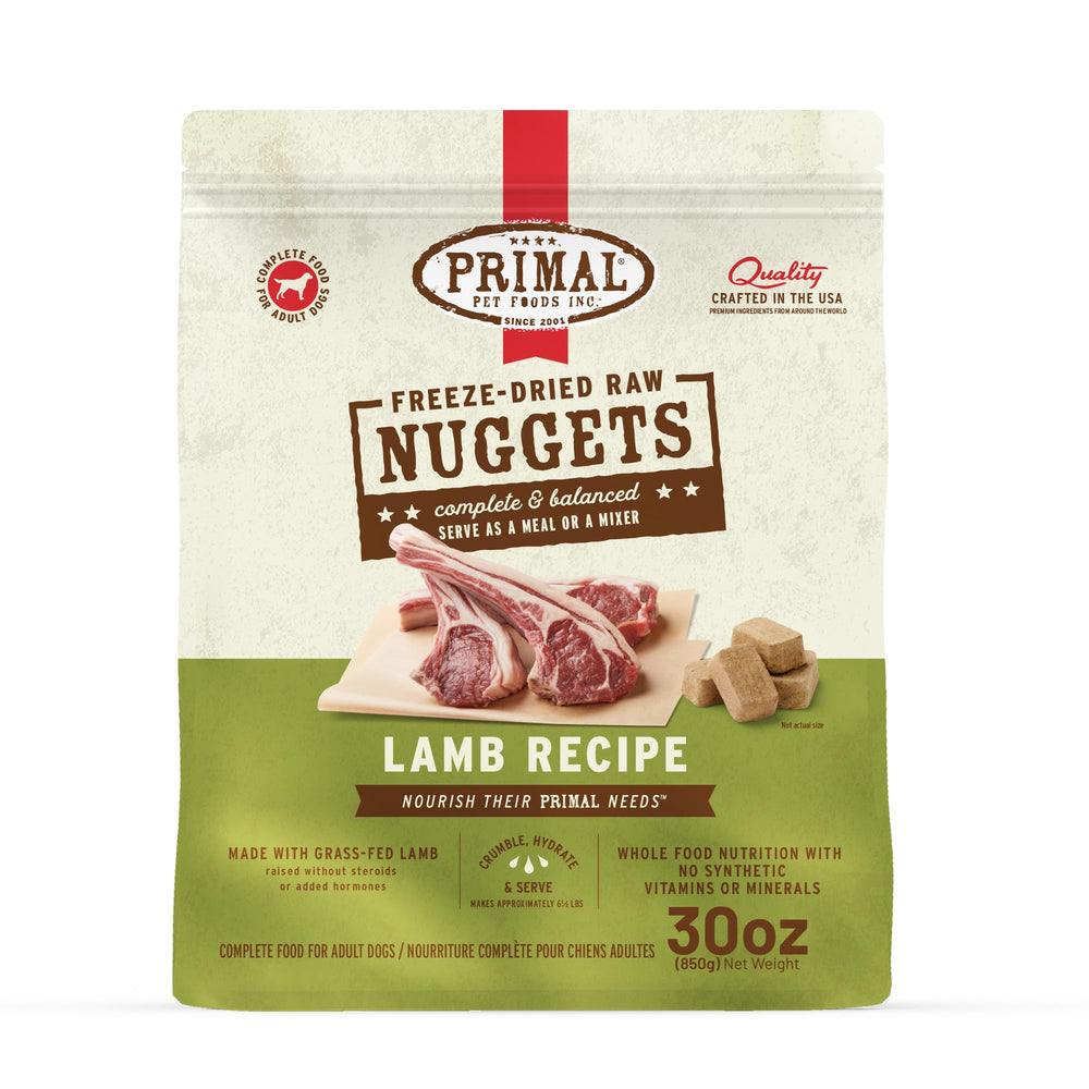 Primal Agneau Nuggets lyophilises – emballage pratique et repas complet.