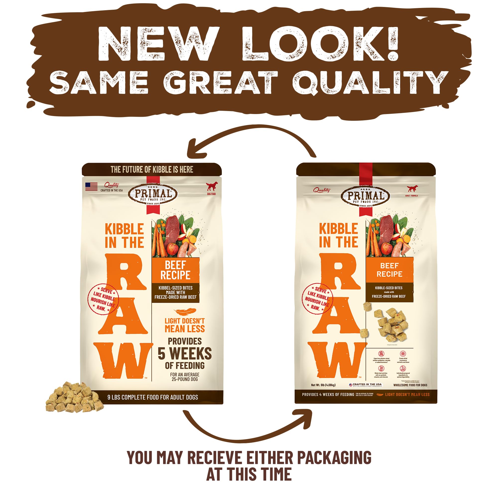 Croquettes Primal boeuf – équilibre nutritionnel possible pour chiens actifs.