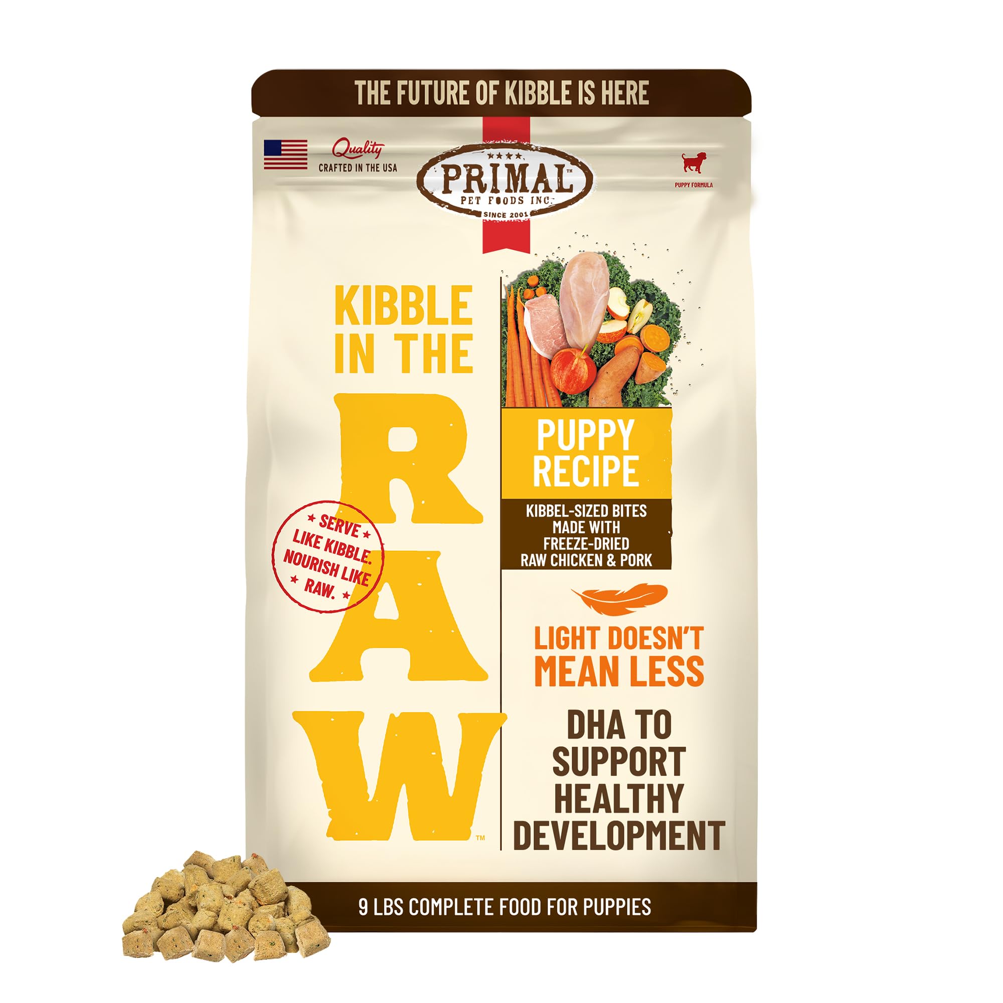 Primal Pet Foods croquettes lyophilisées crues en sachet, saveur naturelle et nutrition préservée.