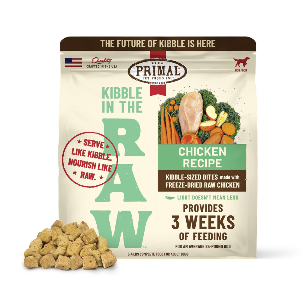 Primal Pet Foods croquettes dans le cru, sac poulet, prêt à servir pour chiens actifs.