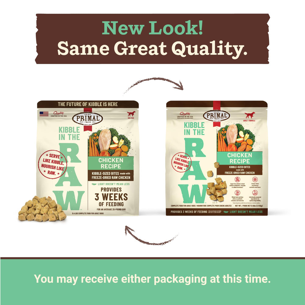 Primal Pet Foods emballage refermable pour repas pratiques en déplacement.