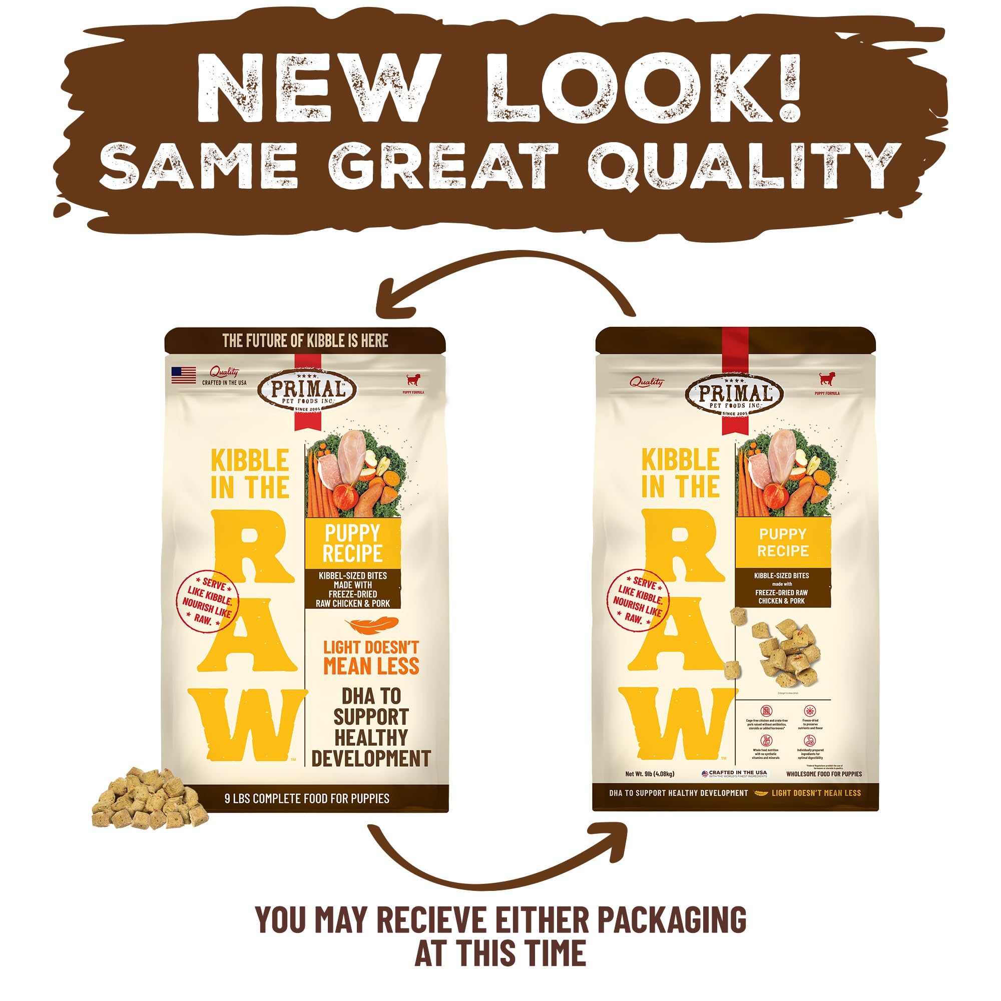 Primal Pet Foods produit fabriqué aux États‑Unis, sac de 9 lb.