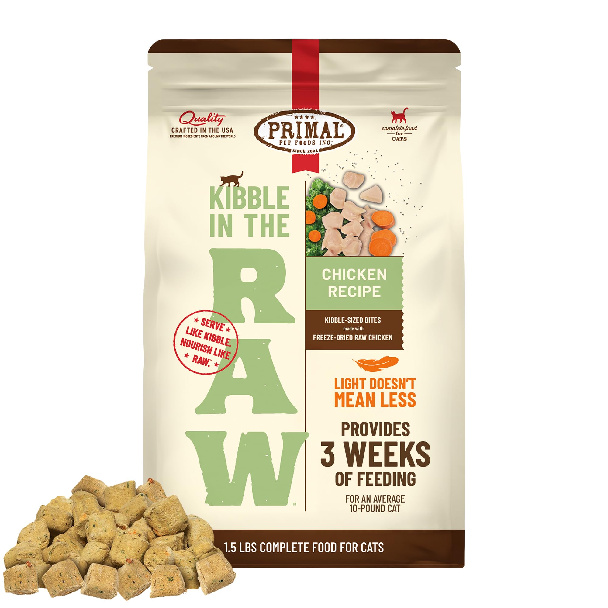 Primal Kibble dans le cru – emballage avant, ingrédients visibles