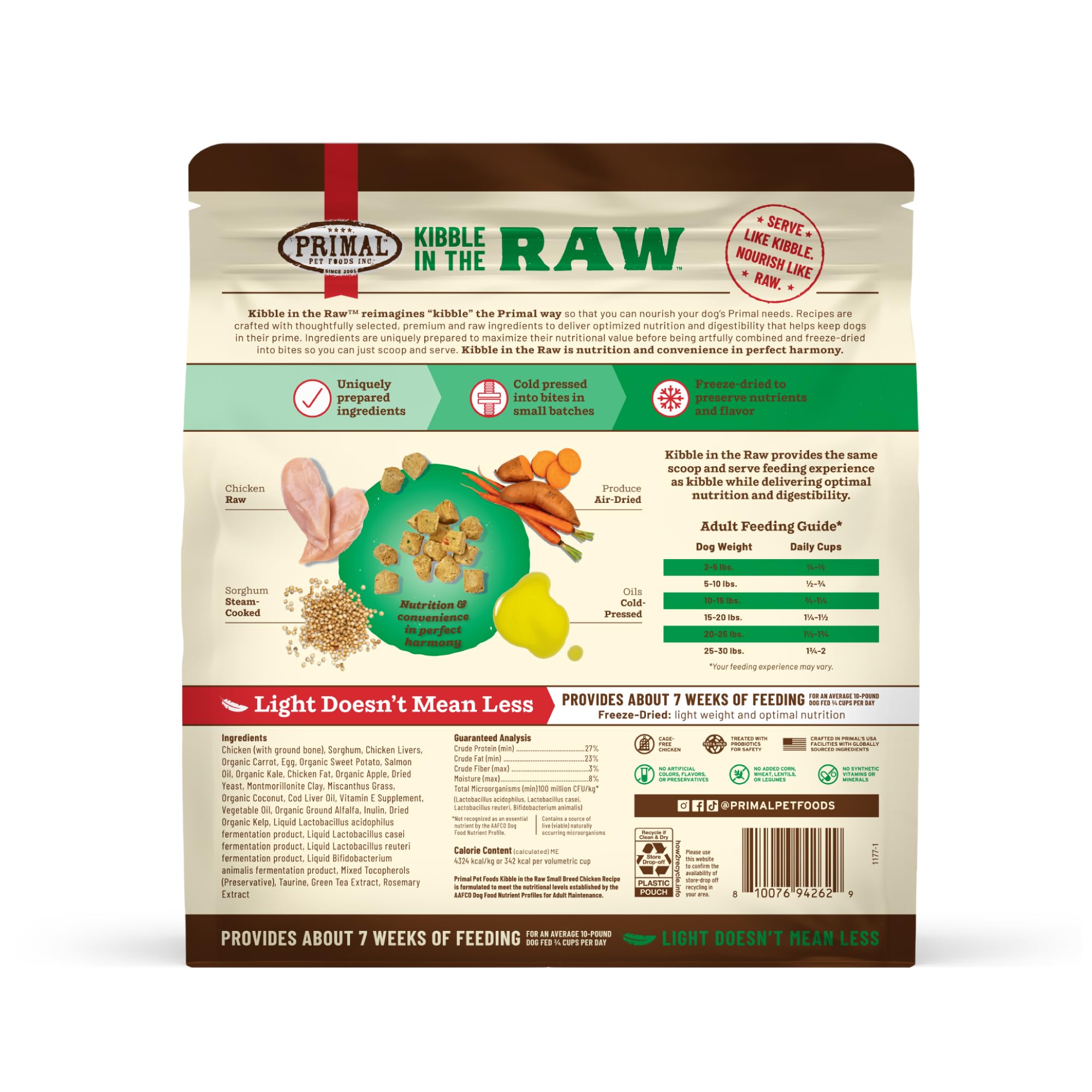 Primal Kibble en cru lyophilisé, portion adaptée pour chien petit.