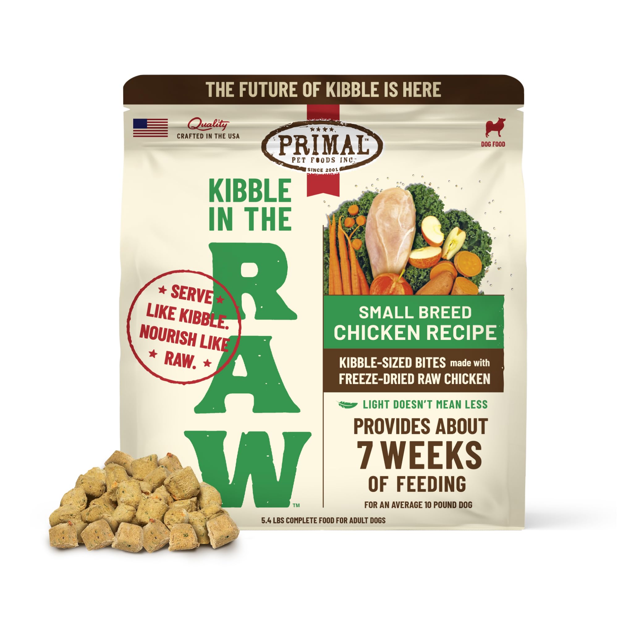 Primal Kibble en cru lyophilisé, sac ouvert et prêt à servir.