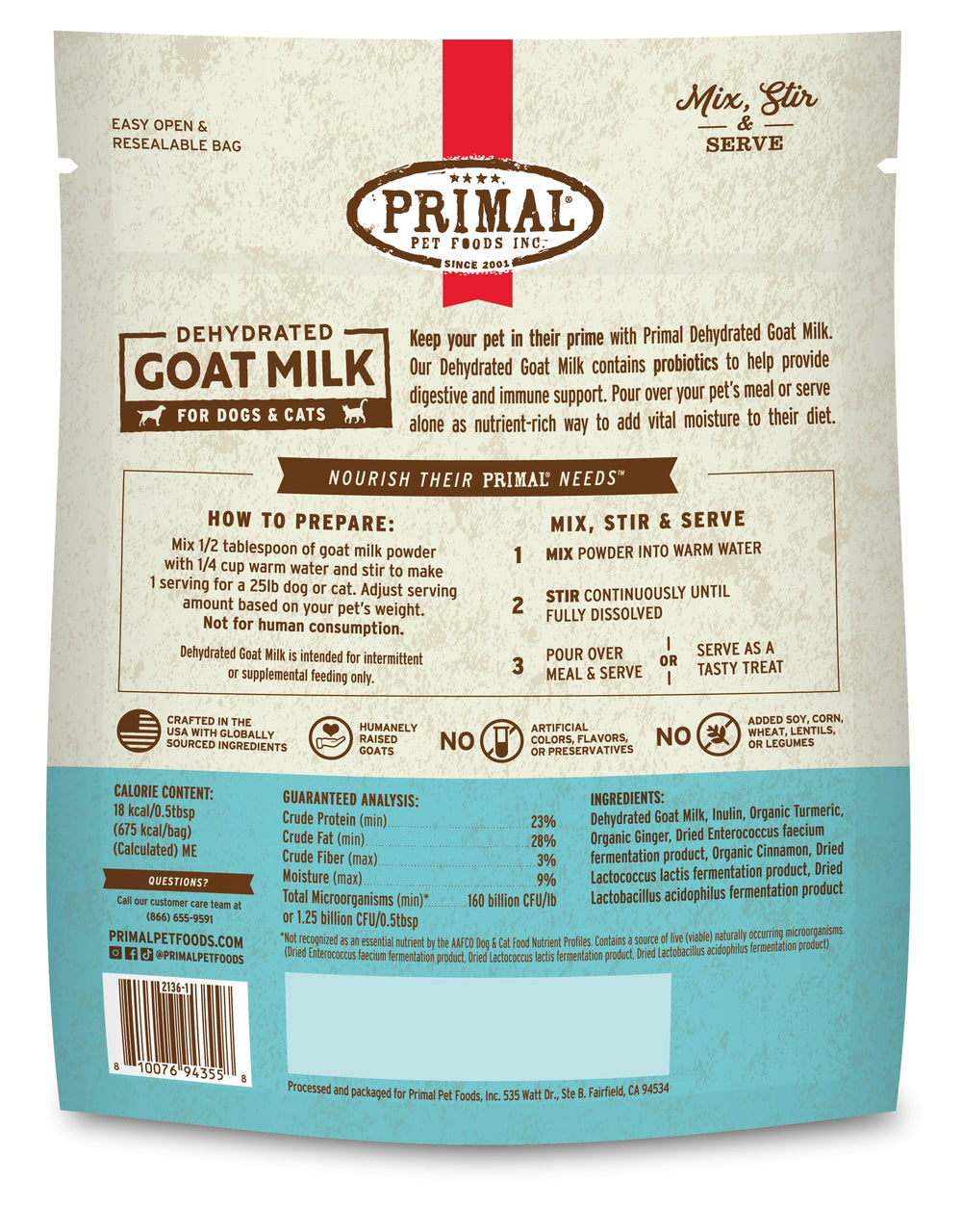 Primal Pet Foods Lait de chèvre en poudre, fabriqué aux États‑Unis.