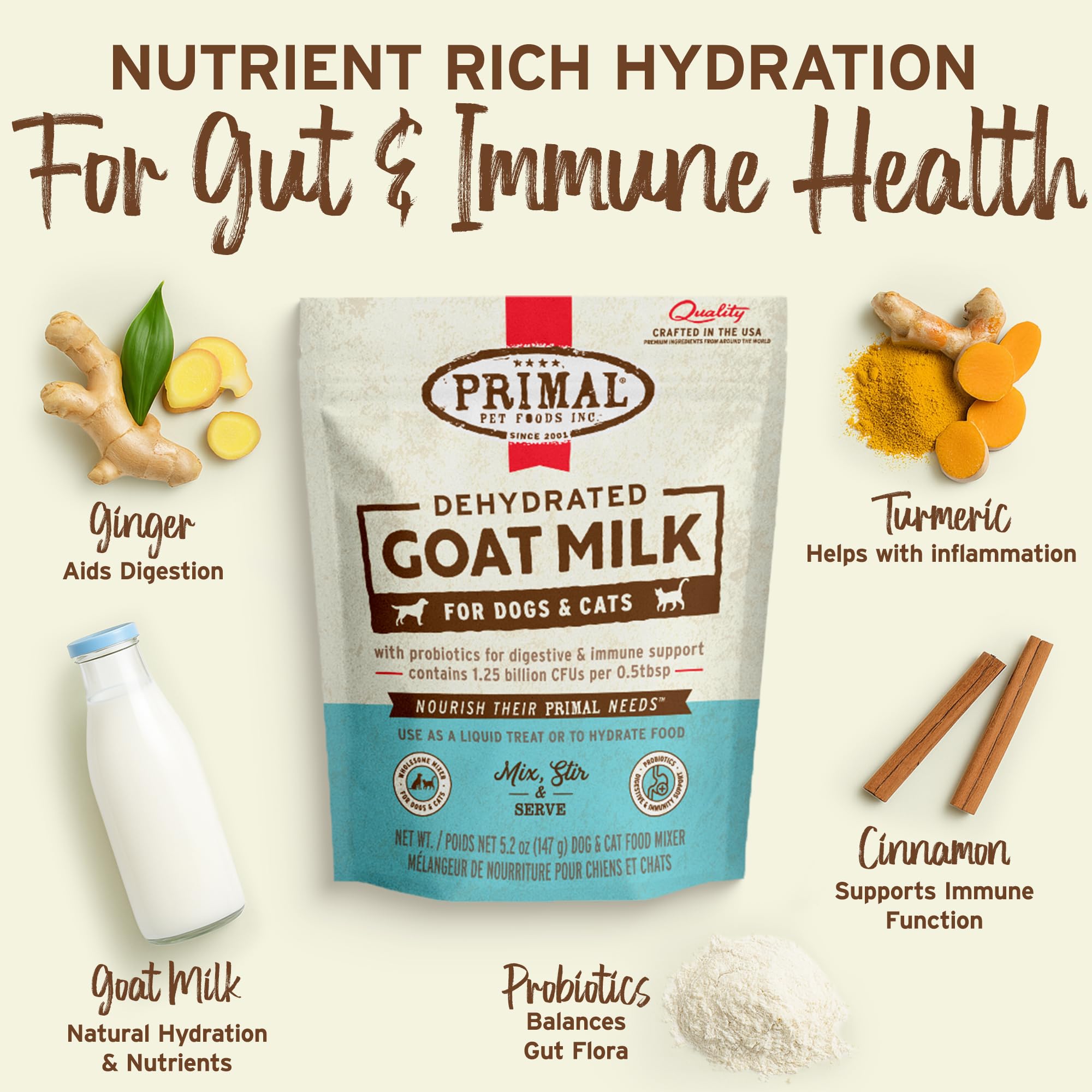 Primal Pet Foods Lait de chèvre en poudre, probiotiques pour digestion équilibrée.