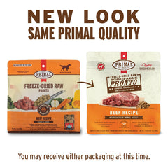 Primal lyophilise pour chien, morceaux de boeuf visibles, prêt à hydrater.