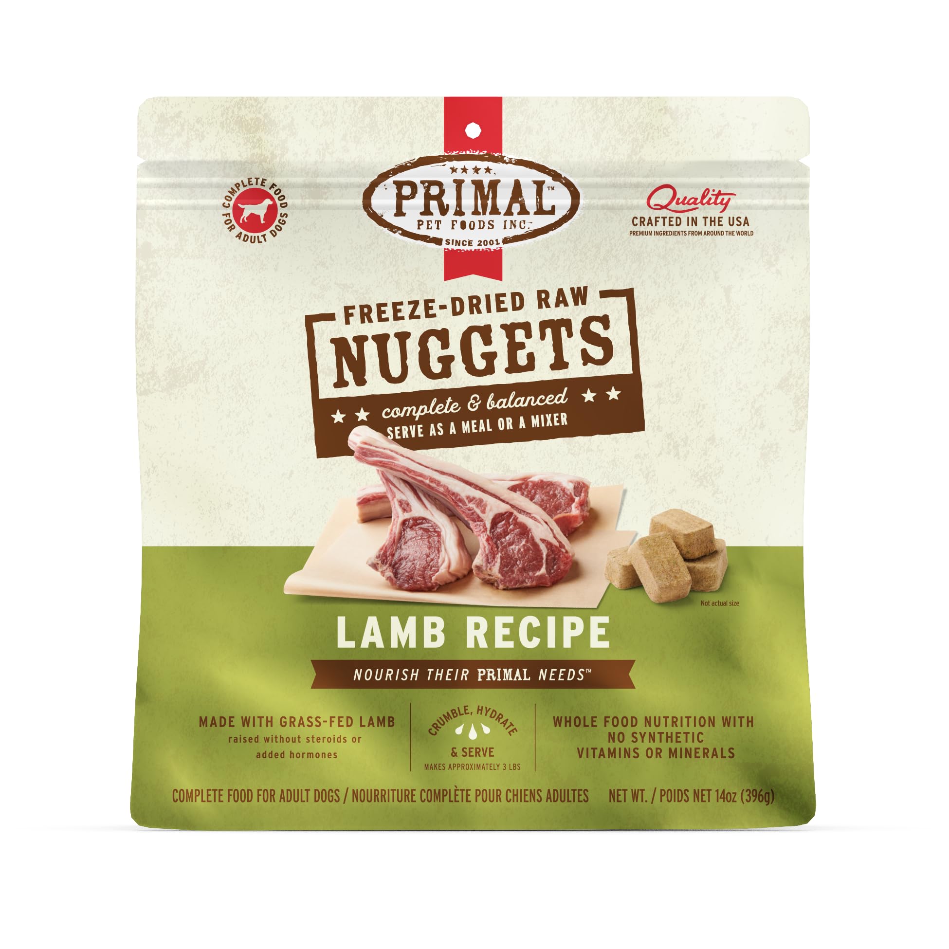 Nuggets Primal Agneau plat complet prêt à servir pour chiens actifs
