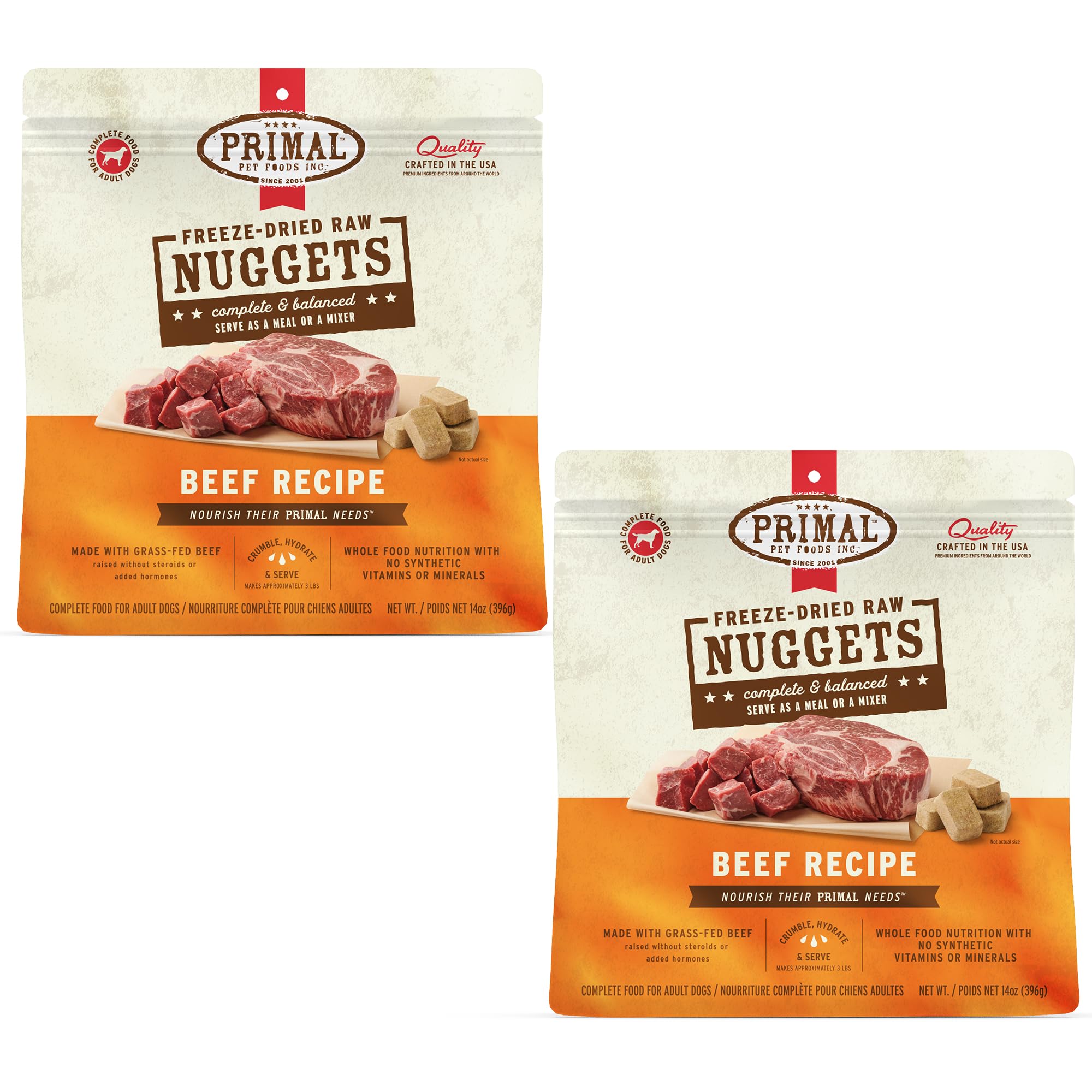 Nuggets Primal boeuf lyophilise ensemble, parfait pour repas complets ou toppers.