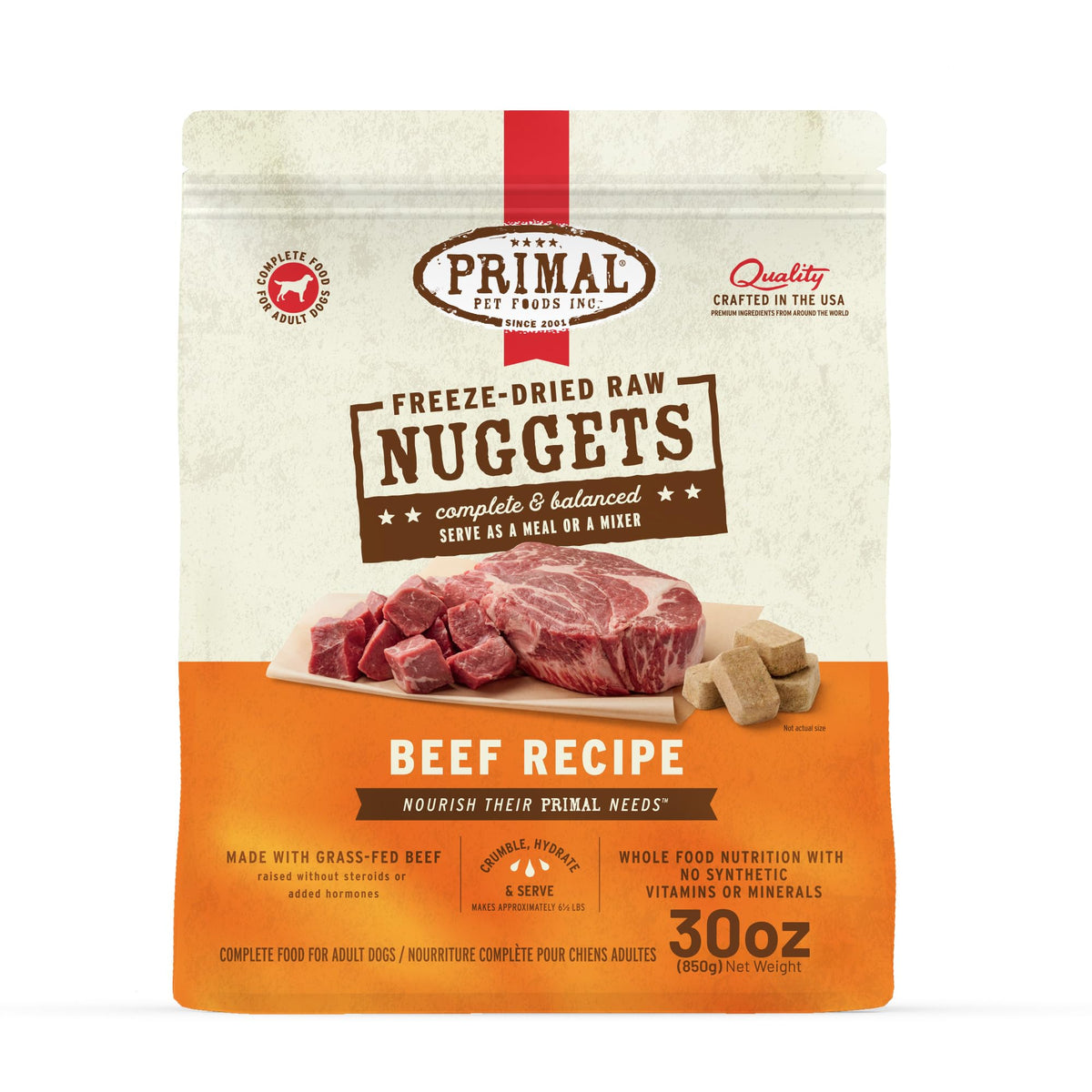 Nuggets lyophilisés Primal pour chien au boeuf, repas complet pratique.