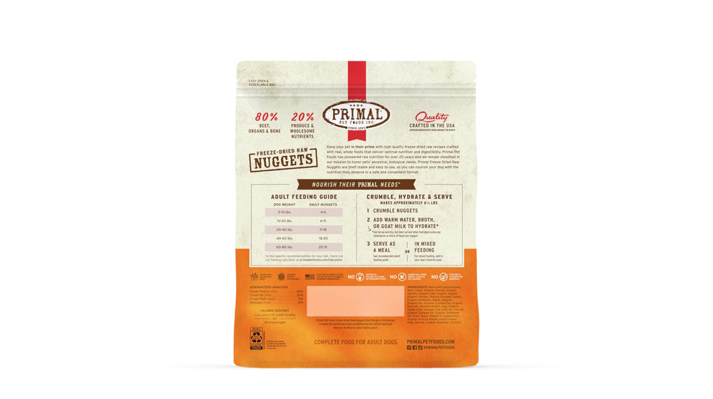Nuggets Primal lyophilisés, boeuf pour chien, repas rapide et nutritif.