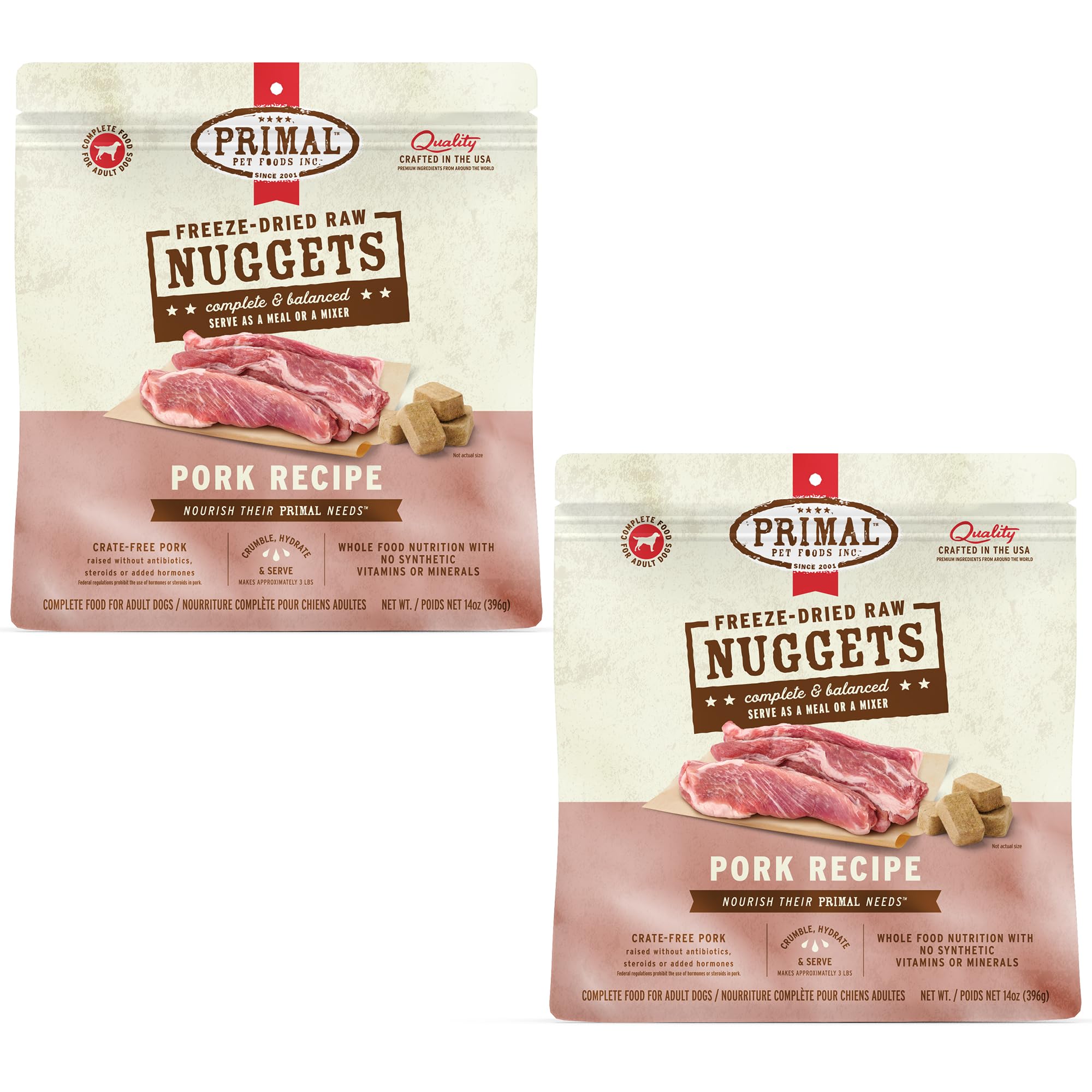 Primal Pet Foods Nuggets porc emballage: repas pratique et nutritif.