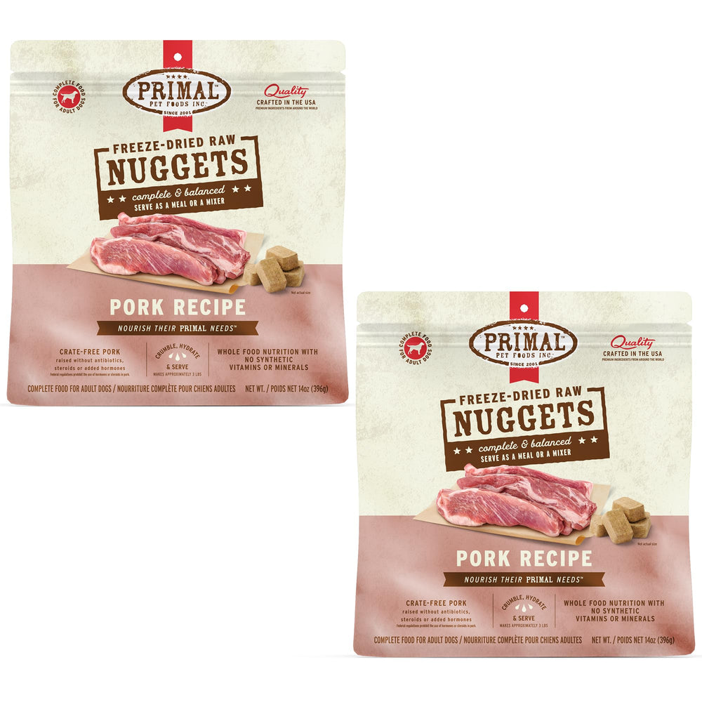 Primal Pet Foods Nuggets porc emballage: repas pratique et nutritif.